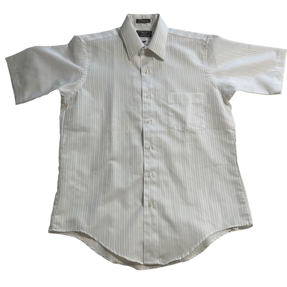 VTG Arrow Kent Finesse Mens White Striped S/S  Button Down Shirt 15.5 USA